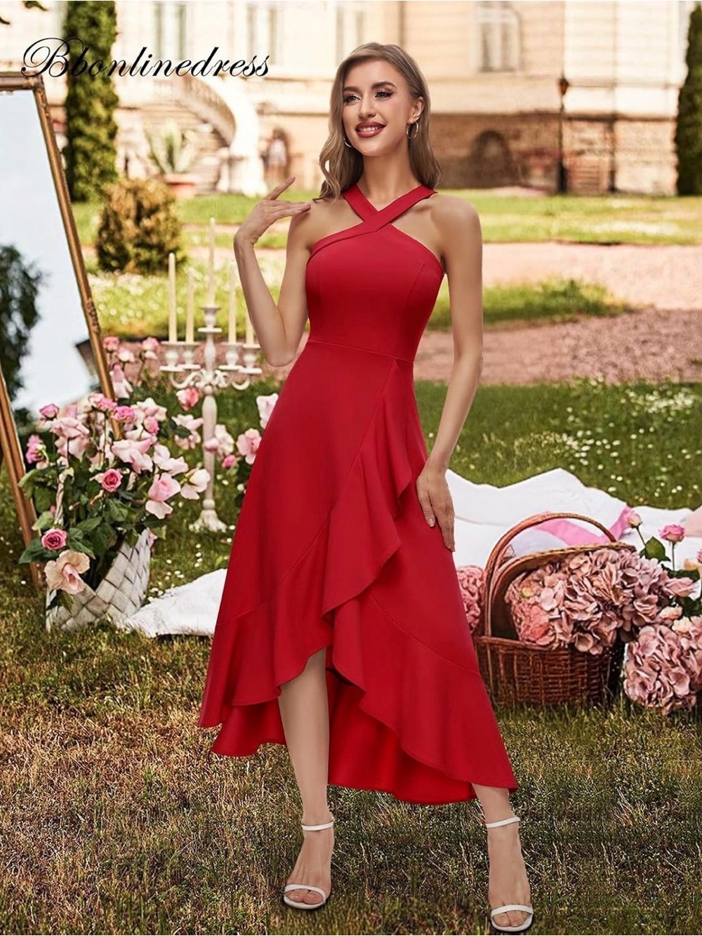 Halter Red Cocktail Women Formal Wedding Guest Hi-Lo Prom Dress